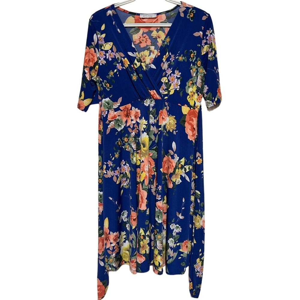 My Bump Women's Maturity Blue Yellow Peach Floral Short Sleeve Dress Size L